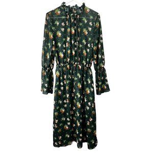 EHE Sheer Green Floral Prairie Dress Cheetah Cats M Women High Neck Bell Sleeve